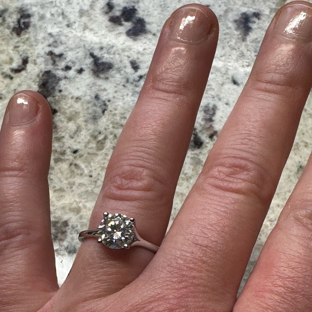 A 1.6 carat mossanite solitaire ring set in 14 carat white gold. Size 6.5.